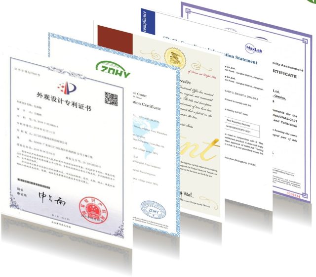 Patent certificates, certification and test reports (collage)