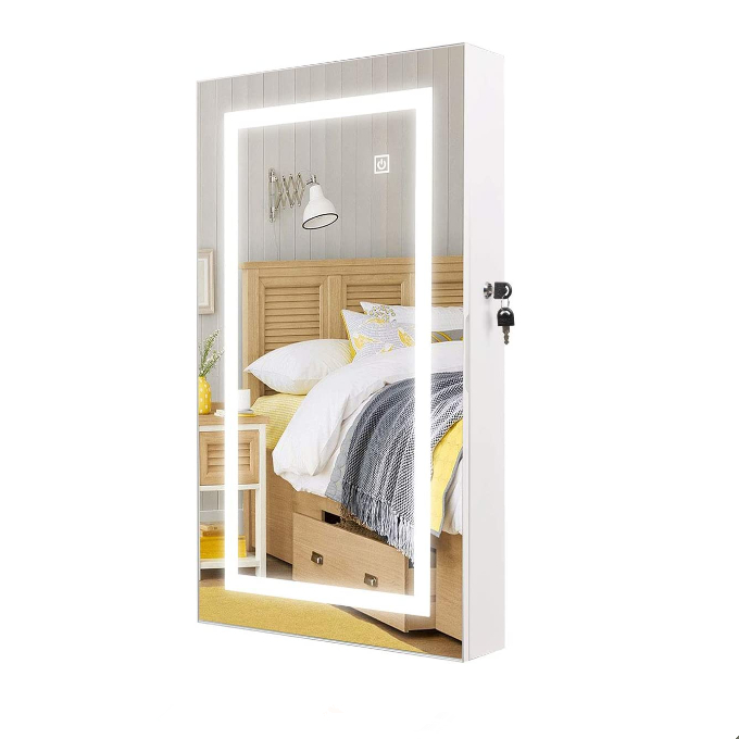wall-mount-led-light-mirror-cabinet Wall-Mounted LED Mirror Jewelry Cabinet with Storage