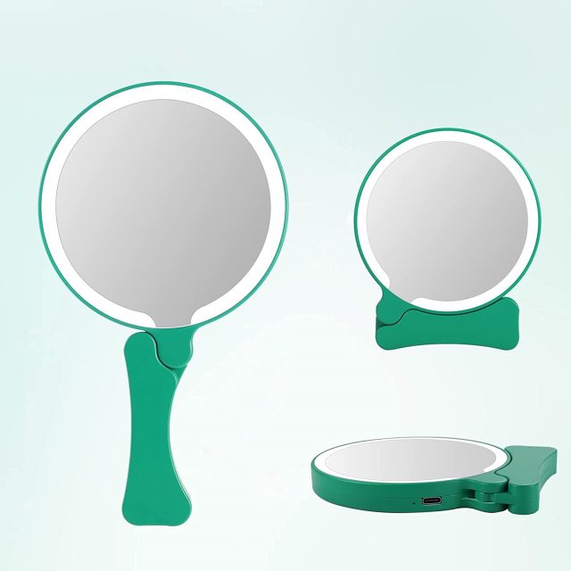 Rechargeable LED Hand Mirror with 16 LEDs, Folding Handle