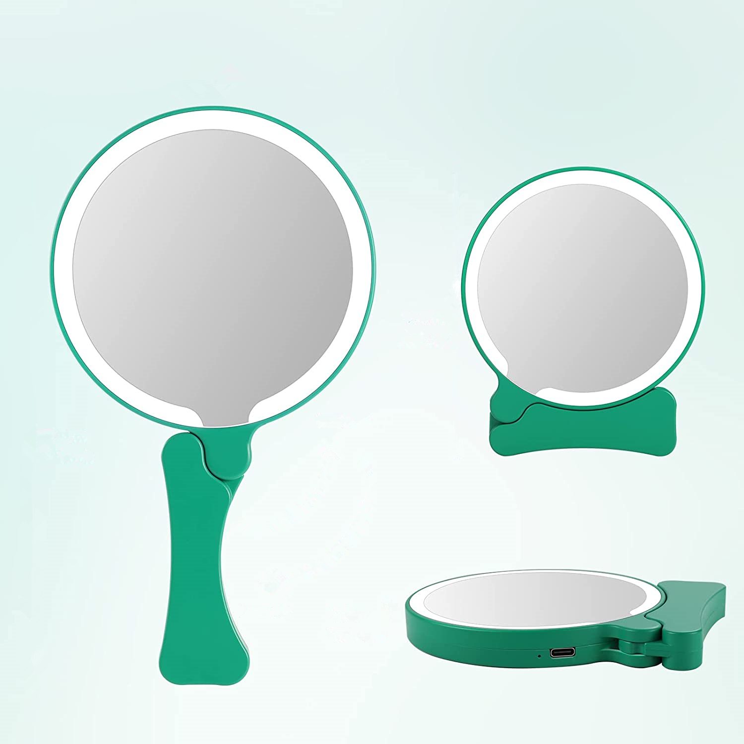 hand-mirror-with-light-rechargeable Rechargeable LED Hand Mirror with 16 LEDs, Folding Handle