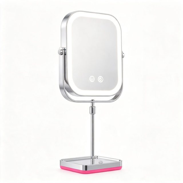 LED Square Tabletop Makeup Mirror MM-S, 8 in., Telescopic Stem, Rechargeable